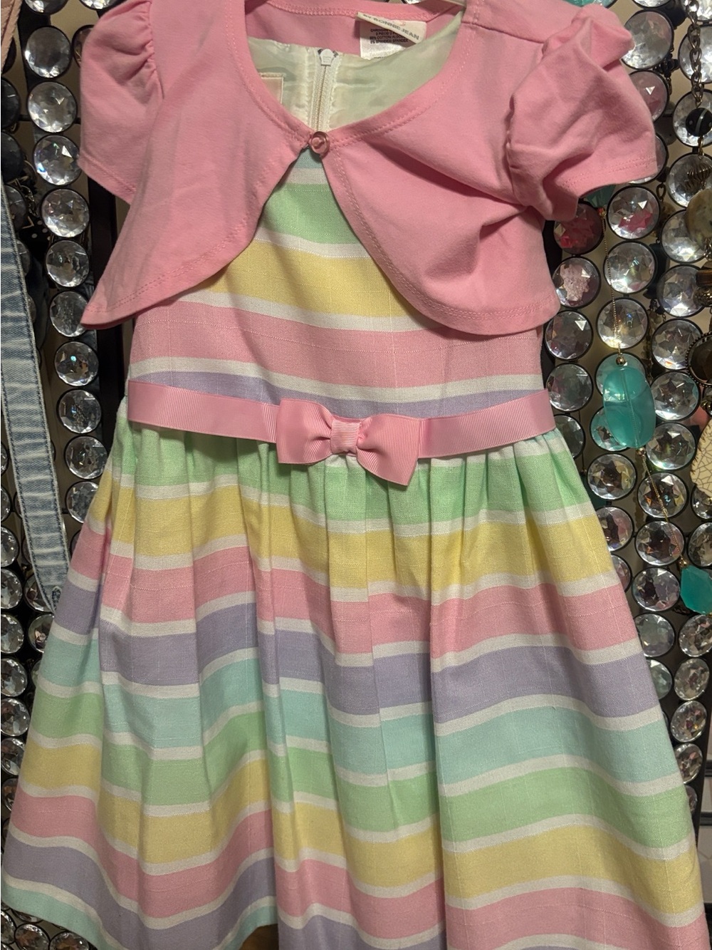 Bonnie Jean Pastel Stripe Dress with Pink cardigan